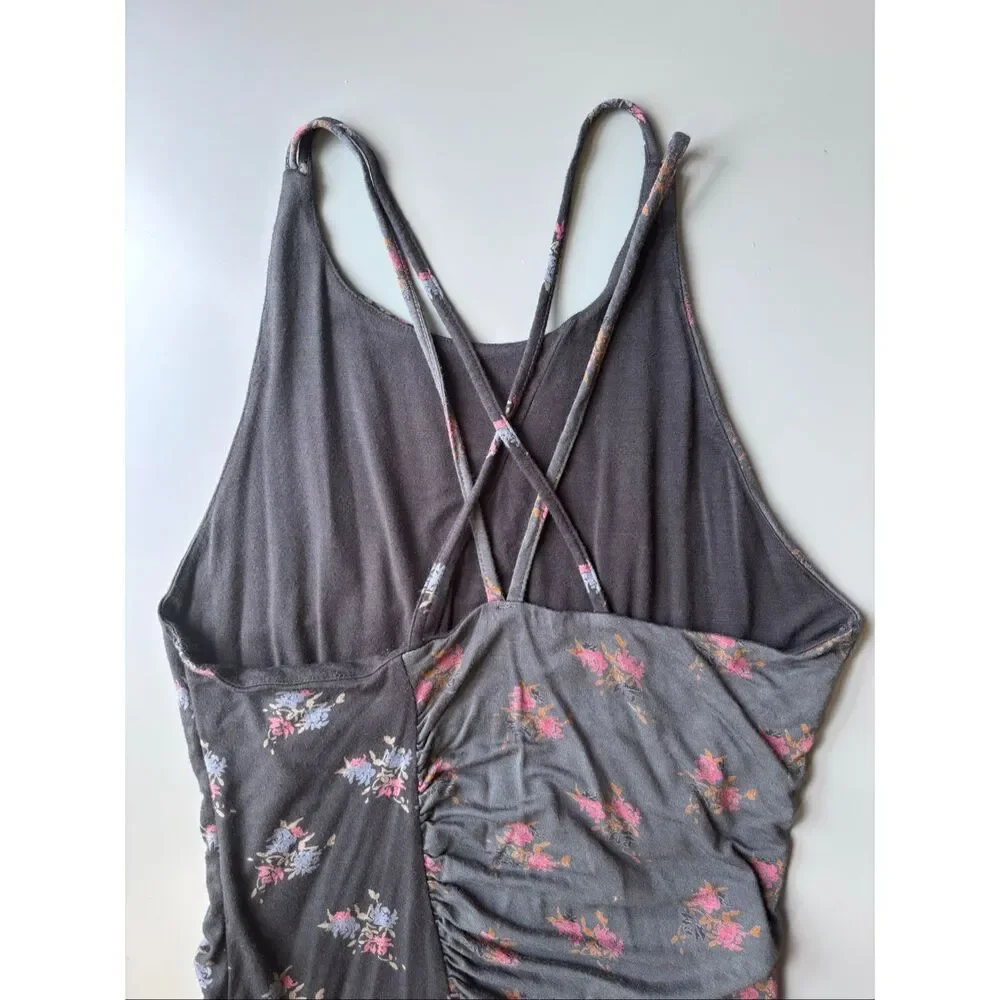 Free people cross back mini floral dress ruched spaghetti strap gray small